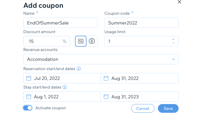 A screenshot showing a coupon creation form for the new Wix hotels.