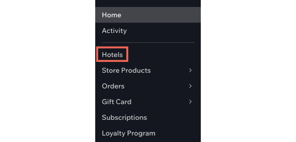 A screenshot showing the original Wix Hotels tab in a site dashboard.