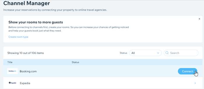 Une capture d'écran montrant le Channel manager où vous connectez Wix Hotels aux plateformes de voyage.