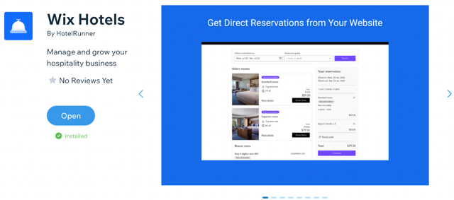 A screenshot showing the new Wix Hotels bu HotelRunner in the Wix App market.