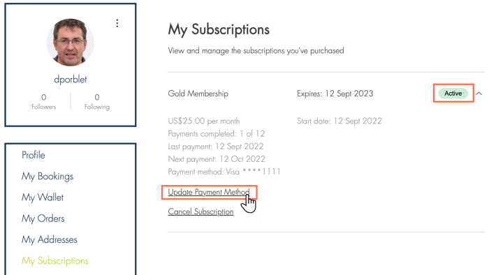 Une capture d'écran montrant comment les clients mettent à jour eux-mêmes leur moyen de paiement en utilisant leur page Mes abonnements.