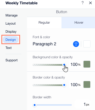 Capture d'écran montrant comment ajuster le design des boutons sur l'horaire hebdomadaire.