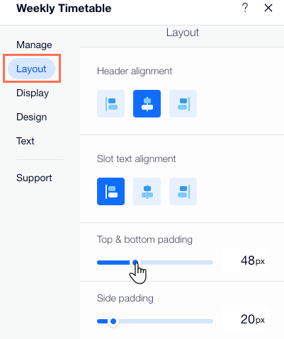 Screenshot showing how to adjust the top and bottom padding in the weekly timetable using a slider in the layout tab.