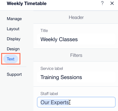 Screenshot showing how to update the text content on the weekly timetable using the text tab of the settings panel.