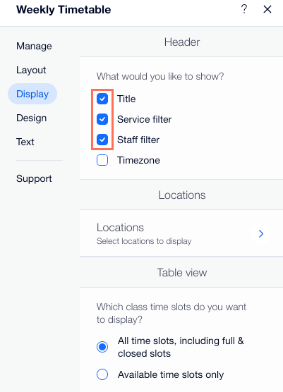 A screenshot showing how to add or remove elements from your weekly timetable from the settings panel.