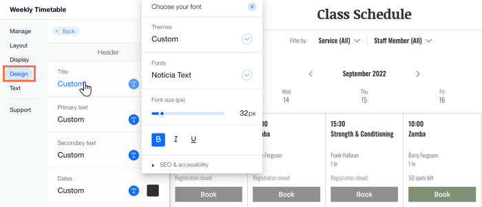 Screenshot showing how to customize the text design on the weekly timetable using sliders and buttons.