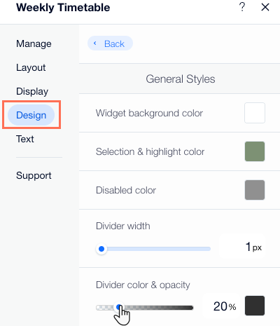 Screenshot showing how to adjust the divider color and opacity on the weekly timetable.