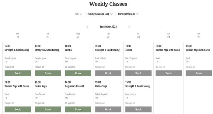 Screenshot showing a weekly timetable on a live site.