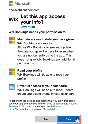 Captura de pantalla que muestra cómo otorgar acceso a Microsoft a tu perfil de Wix.