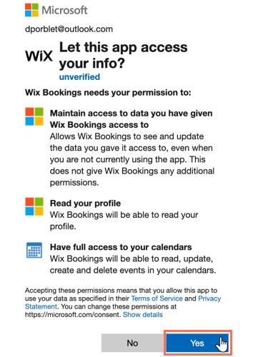 Screenshot che mostra come concedere a Microsoft l'accesso al tuo profilo Wix
