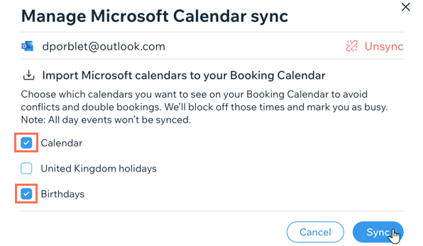 Captura de pantalla que muestra cómo seleccionar calendarios específicos de Microsoft para sincronizarlos con Wix Bookings.