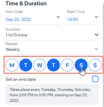 Screenshot showing how to schedule the days for a class in the Wix owner app.