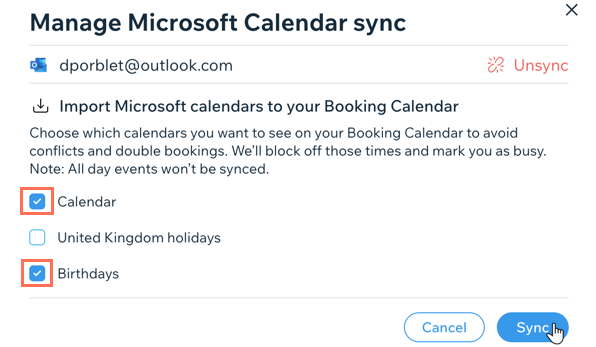 צילום מסך שמראה איך לבחור את היומנים של Microsoft שברצונכם לסנכרן עם Wix Bookings