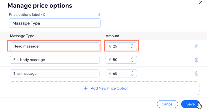 Capture d'écran montrant différentes options de tarification en fonction du type de service spécifique que le client réserve.