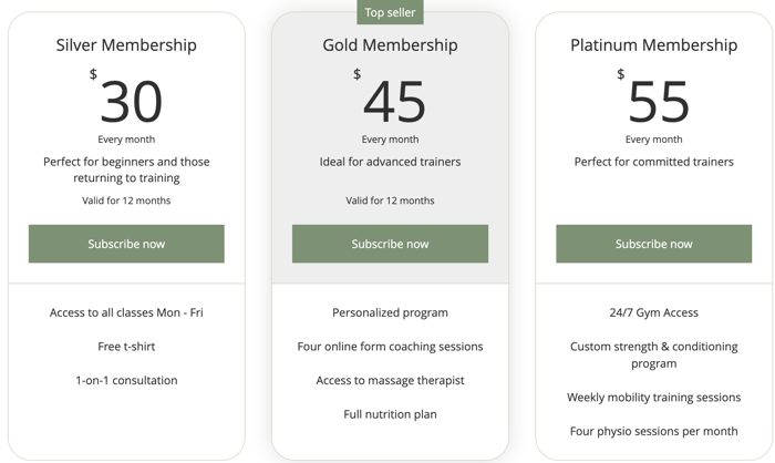 A screenshot showing several membership plans and packages on a Wix site.