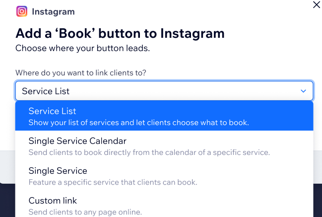 A screenshot showing how to select where your Instagram book now button directs new clients.