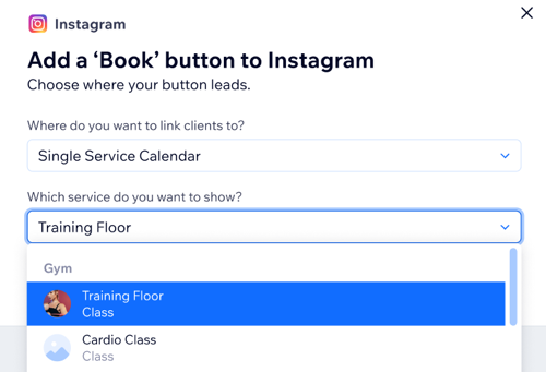 A screenshot showing how to add a single service calendar 'book' button to Instagram.