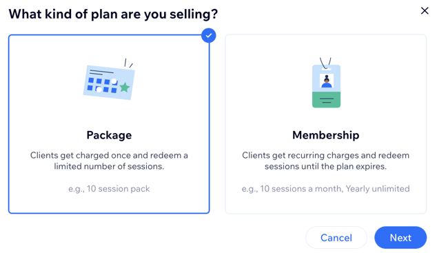 A screenshot showing how to choose between creating a package or a membership.