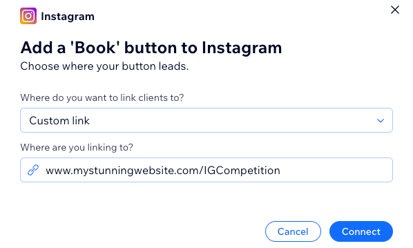 Ein Screenshot, der zeigt, wie ein benutzerdefinierter „Buchen“-Button zu Instagram verlinkt wird.