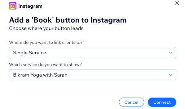 Screenshot, der zeigt, wie du einen „Buchen“-Button für einen Einzel-Service zu Instagram hinzufügst.