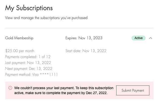 A screenshot showing the My Subscriptions page in the Members Area with a failed payment notification.