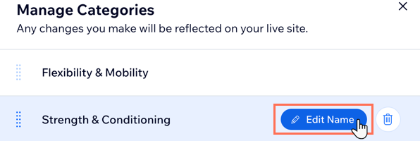 Captura de pantalla que muestra cómo editar el nombre de una categoría en el panel de control.