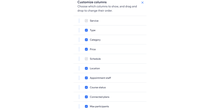 A screenshot showing how to customize the columns in the bookings services section of the dashboard.