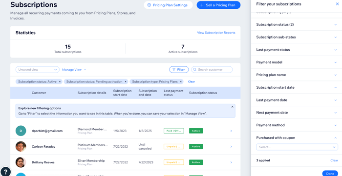 A screenshot showing the overview of the Subscriptions section of a site's dashboard.