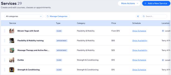 A screenshot showing the Bookings services tab in the dashboard.