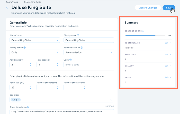 A screenshot showing how to create a room type in the dashboard.