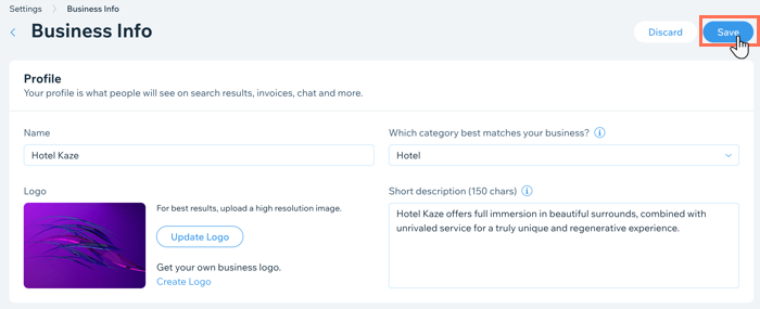 A screenshot shlwing how to update your business information in the dashboard.