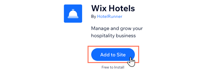 A screenshot showing how to add the new Wix Hotels by HotelRunner to your site from the app market.