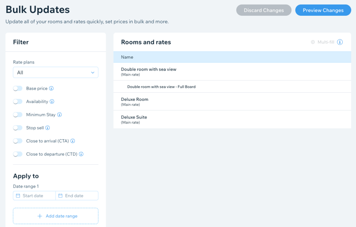 A screenshot showing how to make bulk updates in Wix Hotels by Hotelrunner in the dashboard.