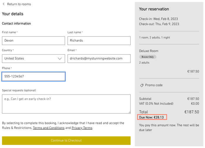 A screenshot showing an example of a deposit at checkout with terms and conditions including policies.