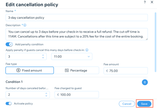 A screenshot showing how to manage your cancellation policy in the dashboard.