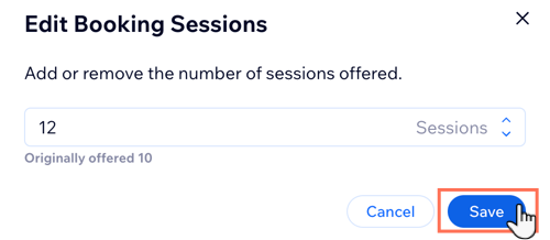 A screenshot showing how to edit the number of Booking sessions in a package.