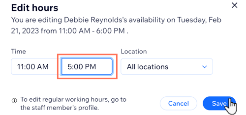 A screenshot showing how to make one-time changes to a staff member's working hours.