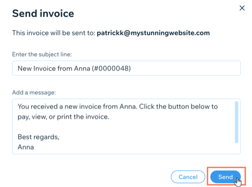 A screenshot showing how to edit and send a message that accompanies an emailed invoice.