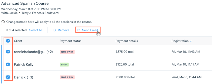 A screenshot showing how to email clients from the participants list for a course.