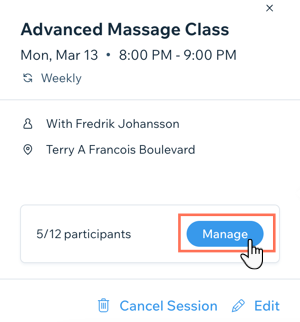 A screenshot showing the manage button for a session in the Booking Calendar.