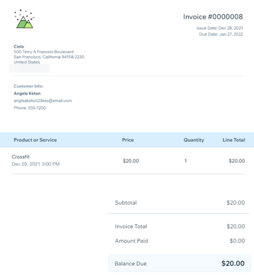 A screenshot showing an example of a Wix Bookings invoice.