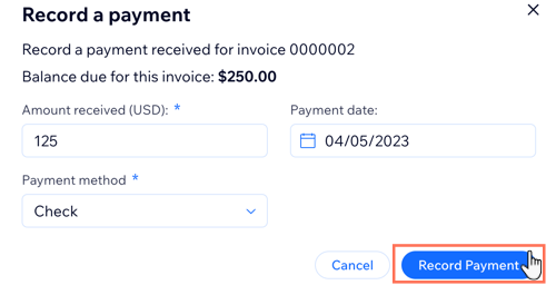 Screenshot showing how to record a payment on an invoice.