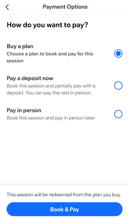 Screenshot showing how clients can buy a plan before completing their booking.