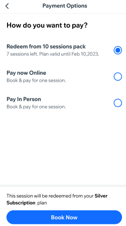 Screenshot showing how clients can redeem sessions from their pricing plan.