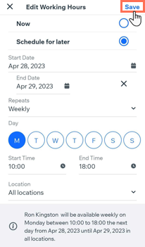 A screenshot showing how to edit staff member working hours on the Wix Owner app.