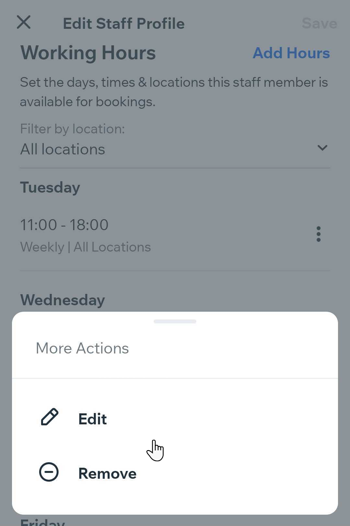 Screenshot showing how to edit or remove staff hours in the Wix owner app.