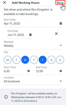 A screenshot showing how to add custom working hours for a staff member on the Wix Owner App.