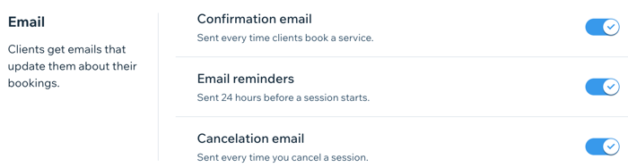 Een screenshot met het gedeelte met e-mailinstellingen van het dashboard voor Wix Bookings.