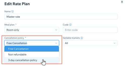 Rate Plan（レートプラン）にキャンセルポリシーを追加する方法を示すスクリーンショット。