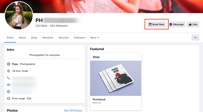 Screenshot showing a Book Now button on a Facebook business page.